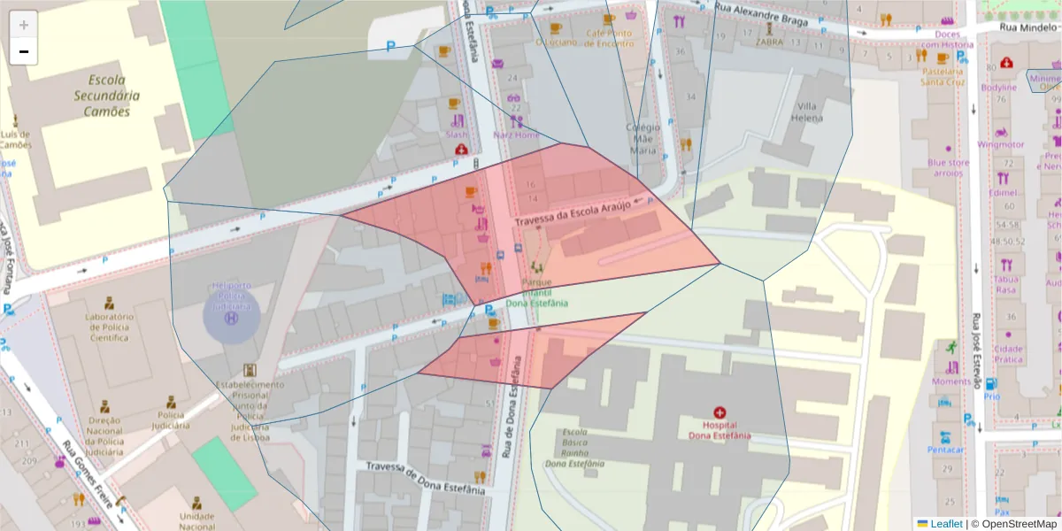 Mapa detalhado do código postal 1150-132 com limites, códigos postais vizinhos e agências dos correios