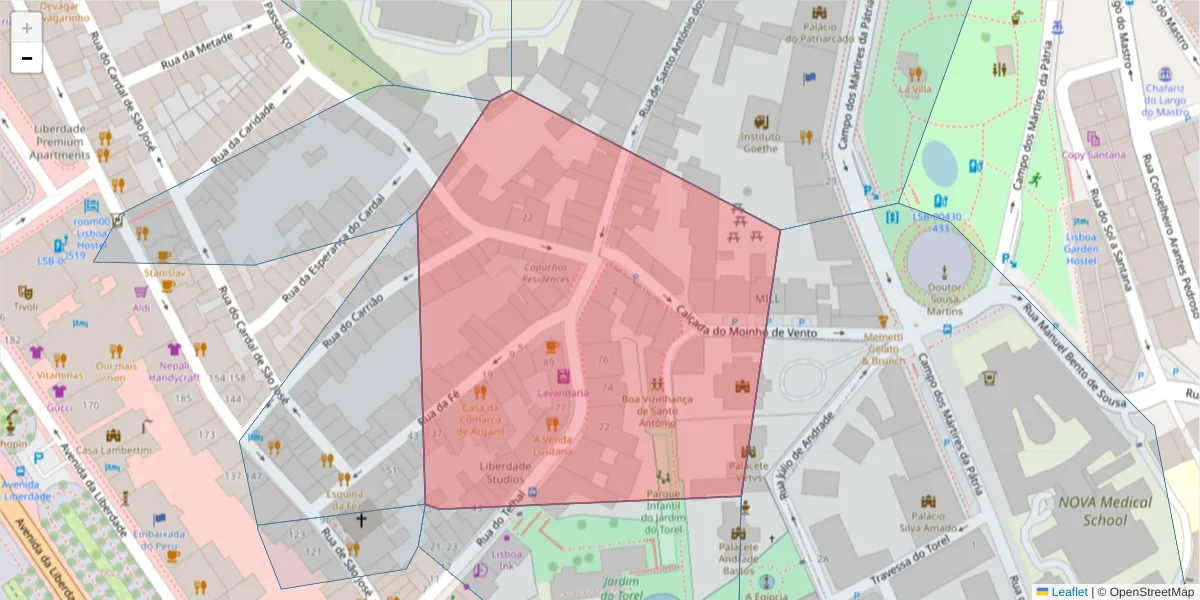 Mapa detalhado do código postal 1150-149 com limites, códigos postais vizinhos e agências dos correios