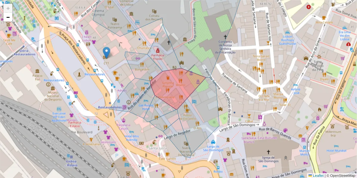 Mapa detalhado do código postal 1150-160 com limites, códigos postais vizinhos e agências dos correios