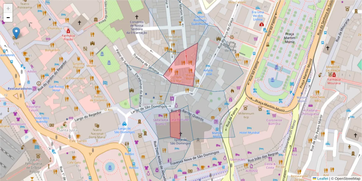 Mapa detalhado do código postal 1150-169 com limites, códigos postais vizinhos e agências dos correios