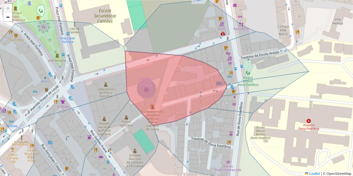 Mapa detalhado do código postal 1150-174 com limites, códigos postais vizinhos e agências dos correios