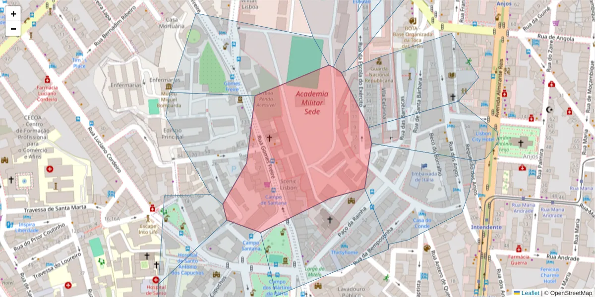 Mapa detalhado do código postal 1150-175 com limites, códigos postais vizinhos e agências dos correios