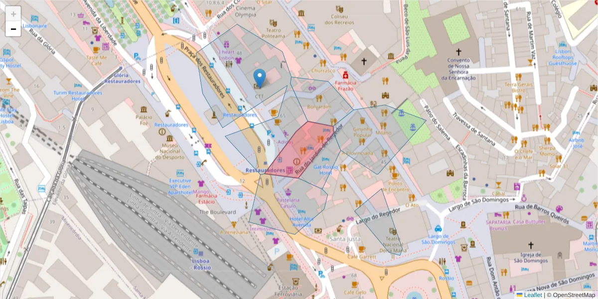 Mapa detalhado do código postal 1150-194 com limites, códigos postais vizinhos e agências dos correios