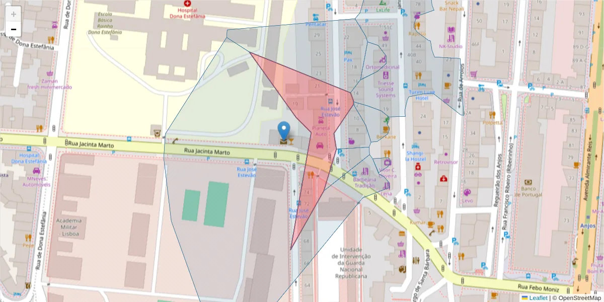 Mapa detalhado do código postal 1150-200 com limites, códigos postais vizinhos e agências dos correios