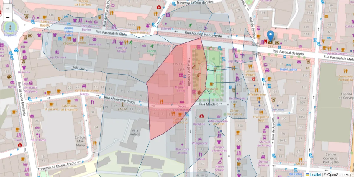 Mapa detalhado do código postal 1150-201 com limites, códigos postais vizinhos e agências dos correios