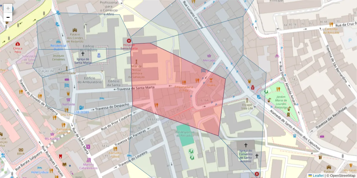 Mapa detalhado do código postal 1150-237 com limites, códigos postais vizinhos e agências dos correios
