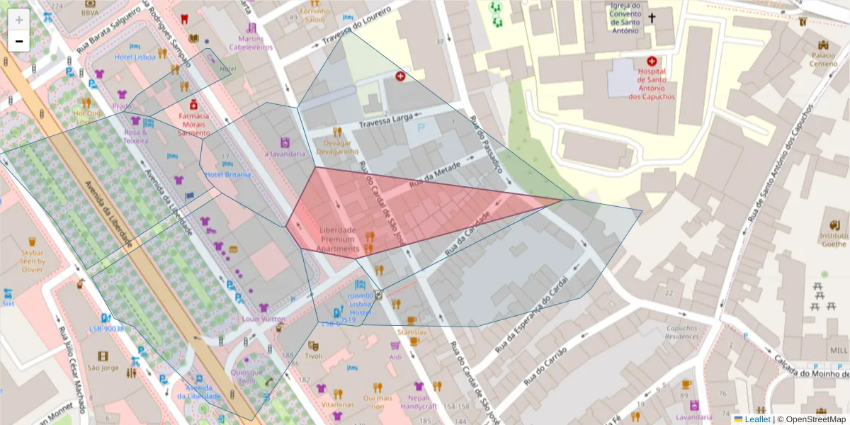 Mapa detalhado do código postal 1150-255 com limites, códigos postais vizinhos e agências dos correios