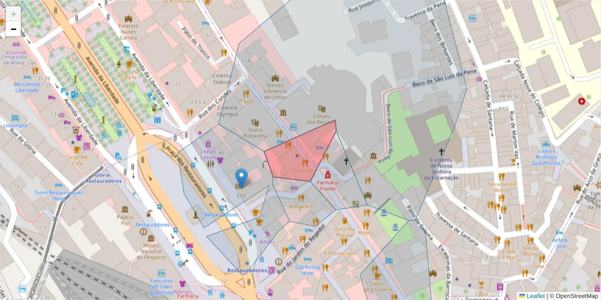 Mapa detalhado do código postal 1150-266 com limites, códigos postais vizinhos e agências dos correios