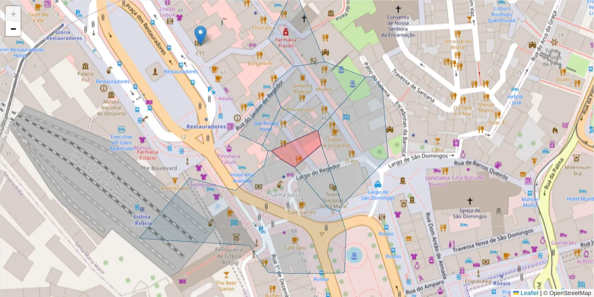 Mapa detalhado do código postal 1150-277 com limites, códigos postais vizinhos e agências dos correios