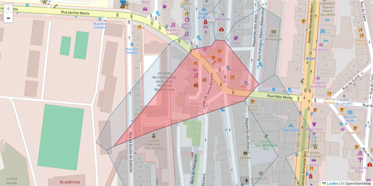 Mapa detalhado do código postal 1150-287 com limites, códigos postais vizinhos e agências dos correios