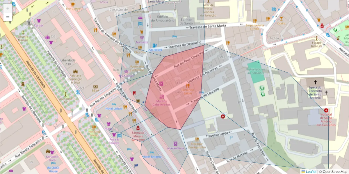 Mapa detalhado do código postal 1150-291 com limites, códigos postais vizinhos e agências dos correios