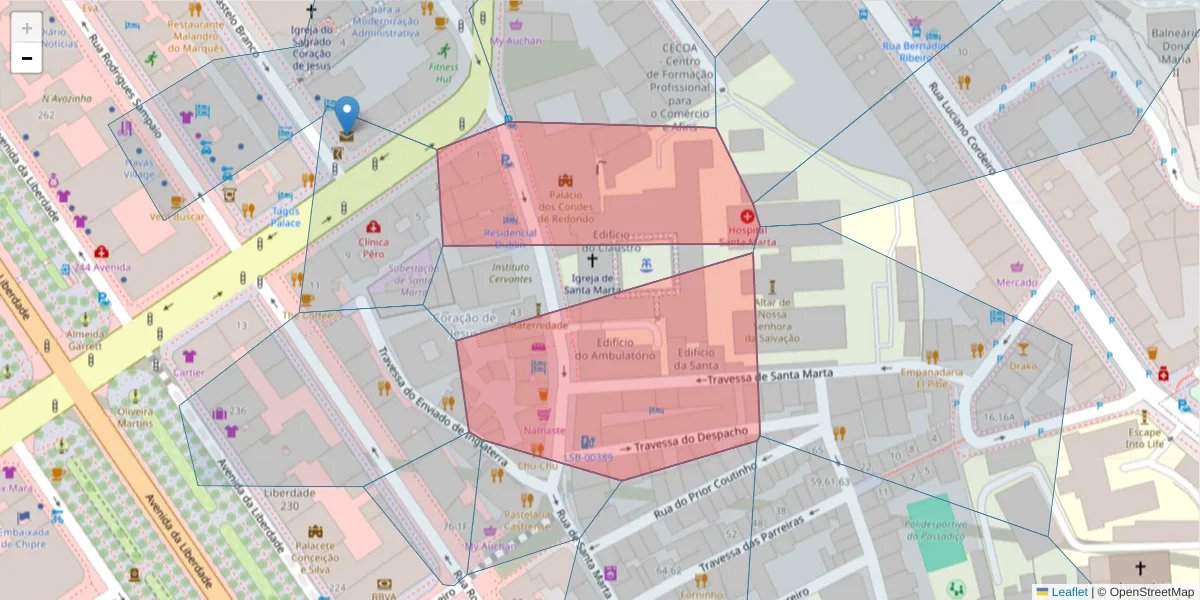 Mapa detalhado do código postal 1150-293 com limites, códigos postais vizinhos e agências dos correios