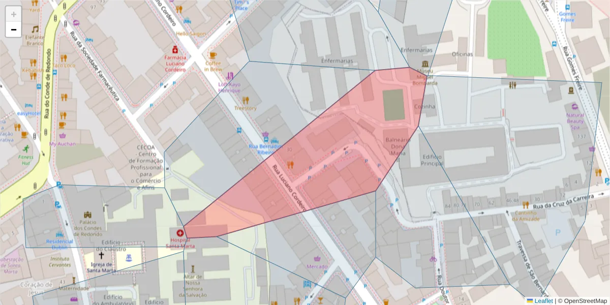 Mapa detalhado do código postal 1150-300 com limites, códigos postais vizinhos e agências dos correios