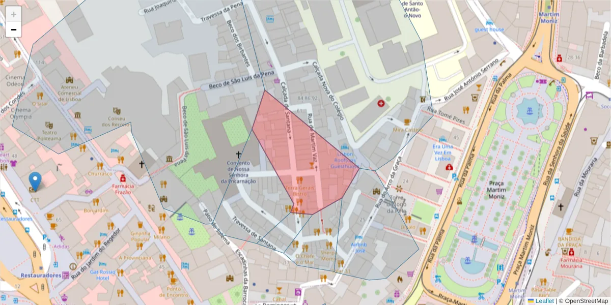 Mapa detalhado do código postal 1150-306 com limites, códigos postais vizinhos e agências dos correios