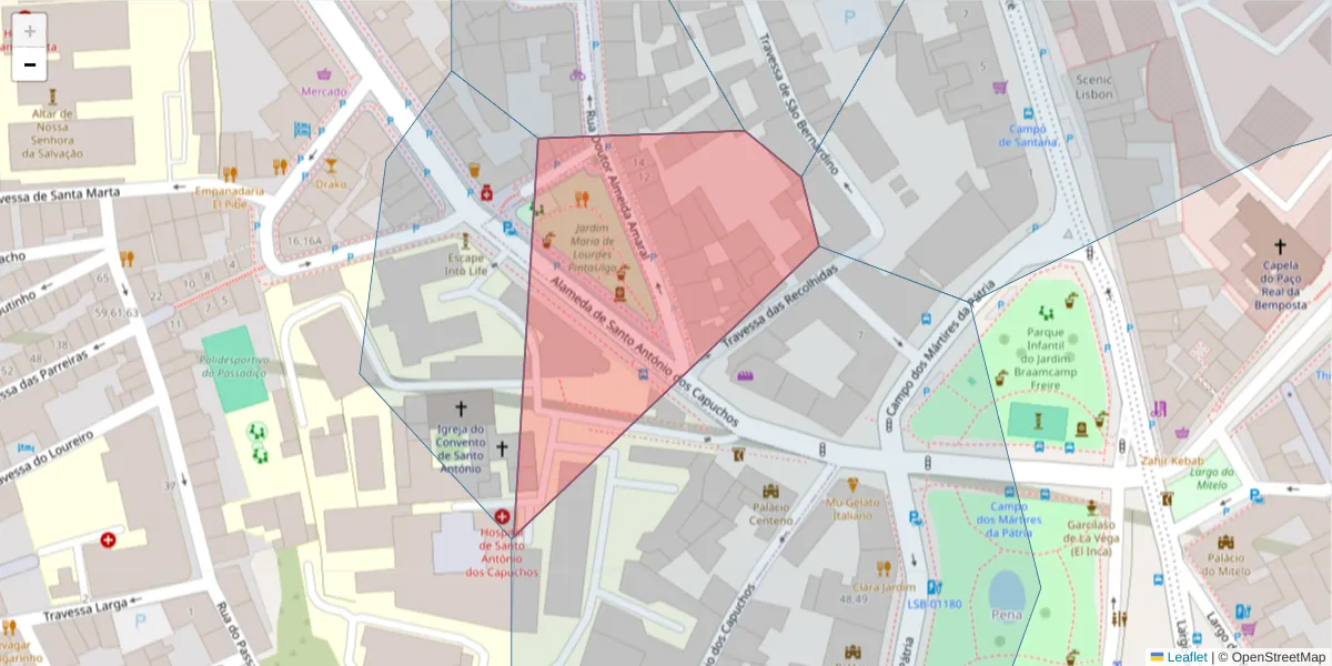 Mapa detalhado do código postal 1150-314 com limites, códigos postais vizinhos e agências dos correios