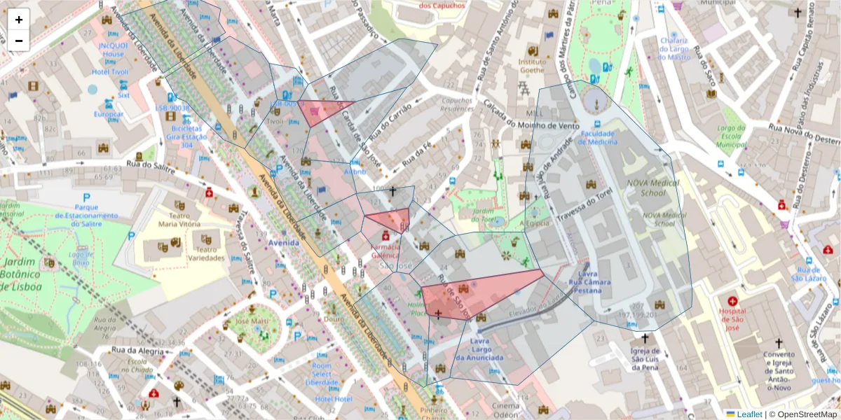 Mapa detalhado do código postal 1150-322 com limites, códigos postais vizinhos e agências dos correios
