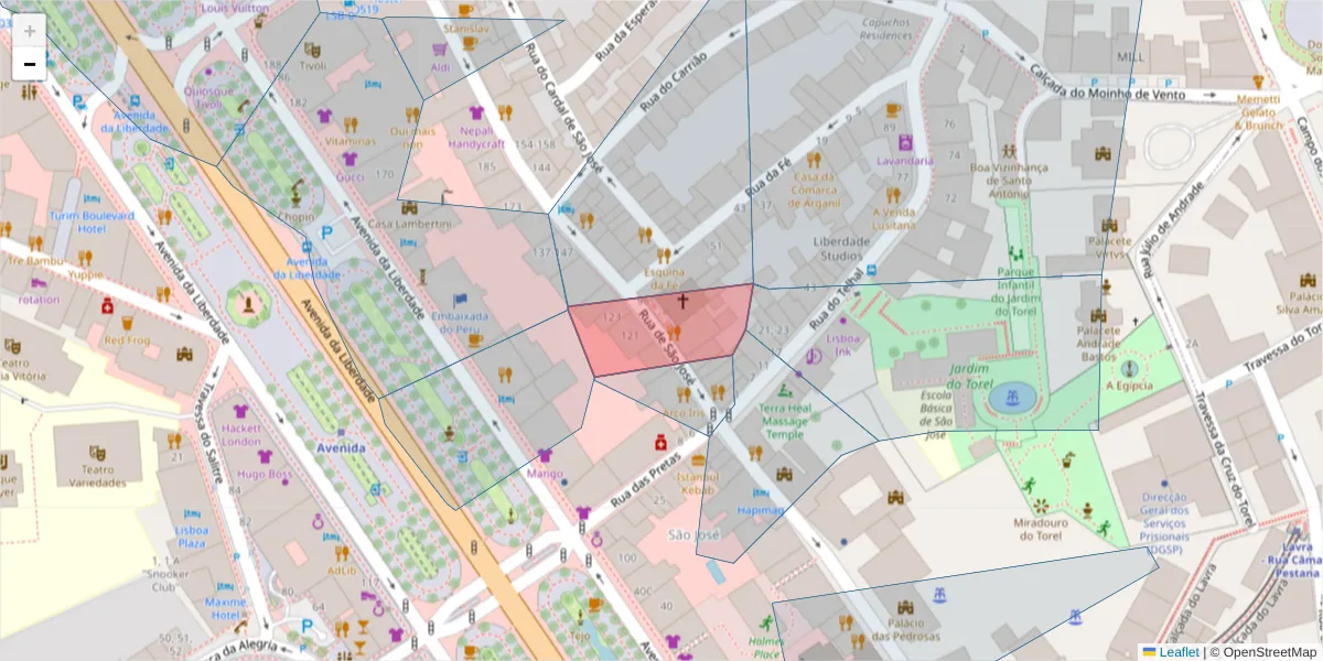 Mapa detalhado do código postal 1150-324 com limites, códigos postais vizinhos e agências dos correios