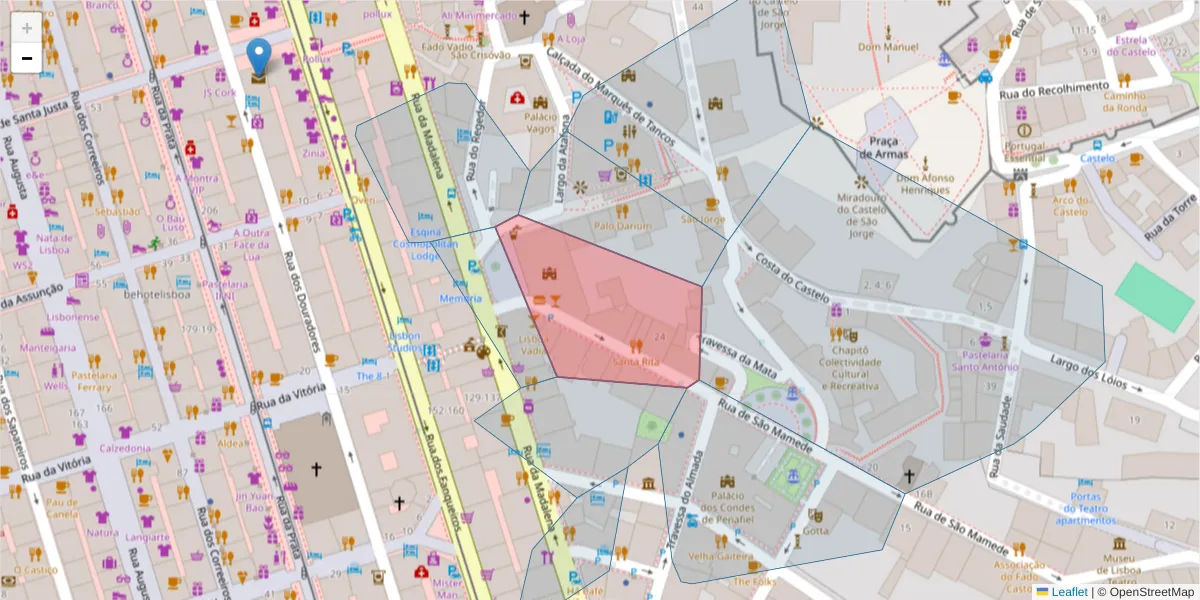 Mapa detalhado do código postal 1150-532 com limites, códigos postais vizinhos e agências dos correios