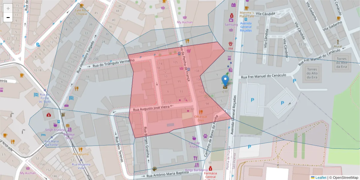 Mapa detalhado do código postal 1170 034 com limites, códigos postais vizinhos e agências dos correios
