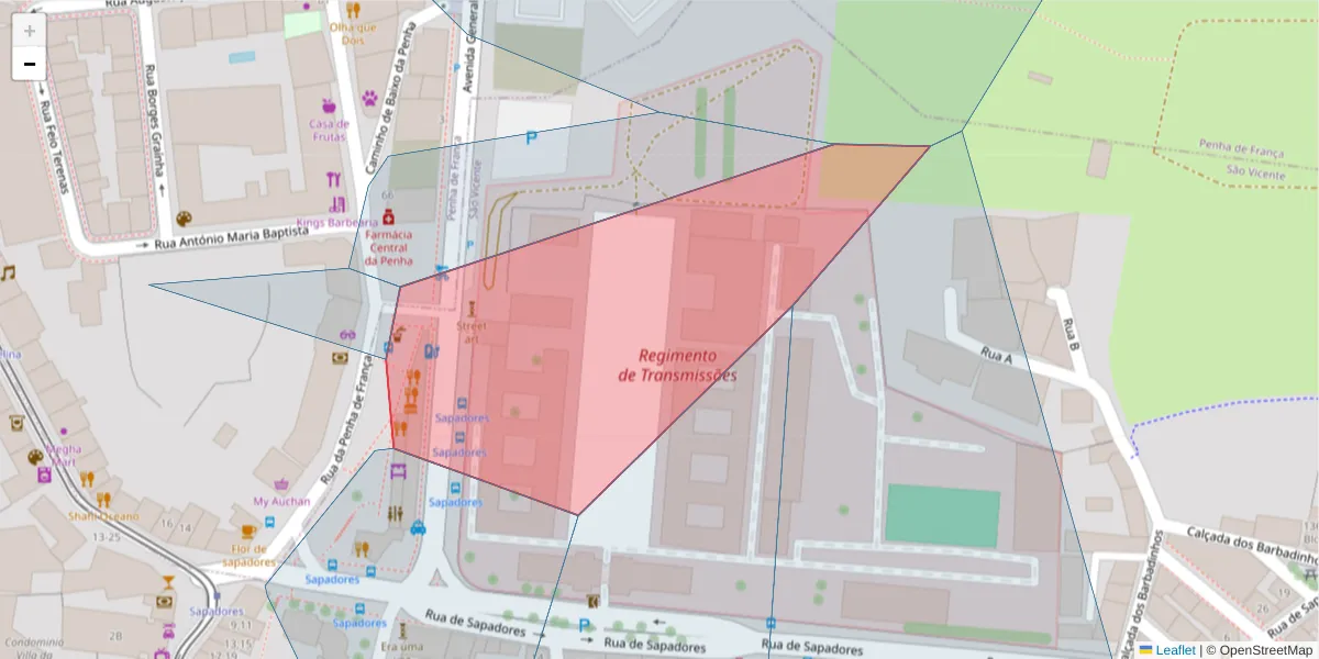Mapa detalhado do código postal 1170-166 com limites, códigos postais vizinhos e agências dos correios