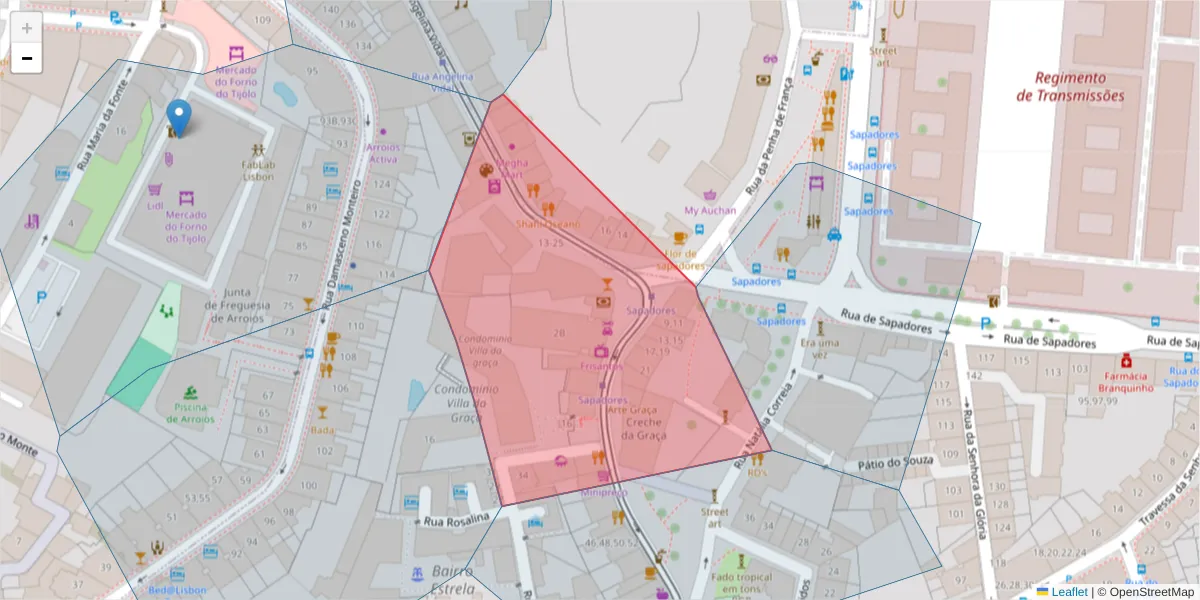 Mapa detalhado do código postal 1170-169 com limites, códigos postais vizinhos e agências dos correios