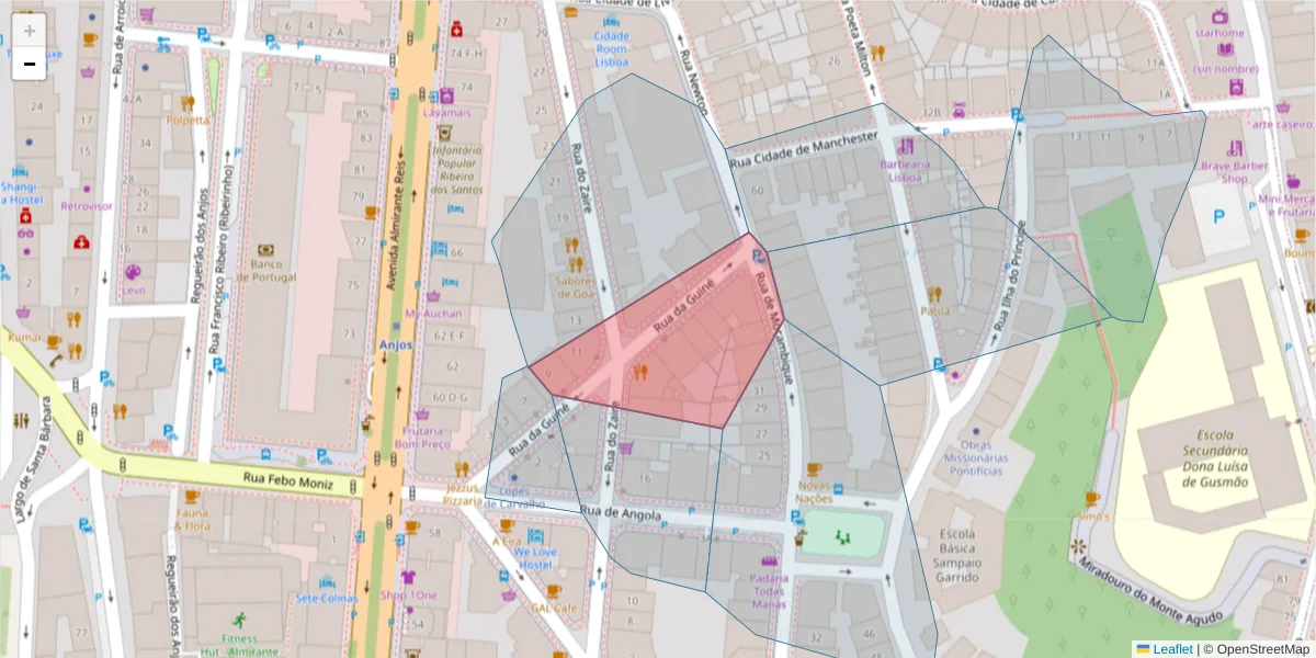 Mapa detalhado do código postal 1170-173 com limites, códigos postais vizinhos e agências dos correios