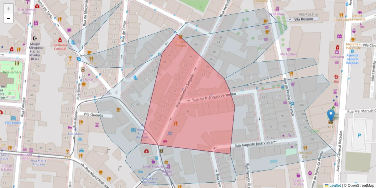 Mapa detalhado do código postal 1170-176 com limites, códigos postais vizinhos e agências dos correios