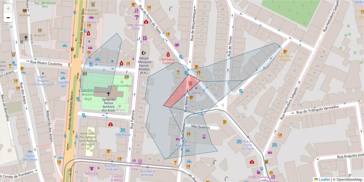 Mapa detalhado do código postal 1170-213 com limites, códigos postais vizinhos e agências dos correios