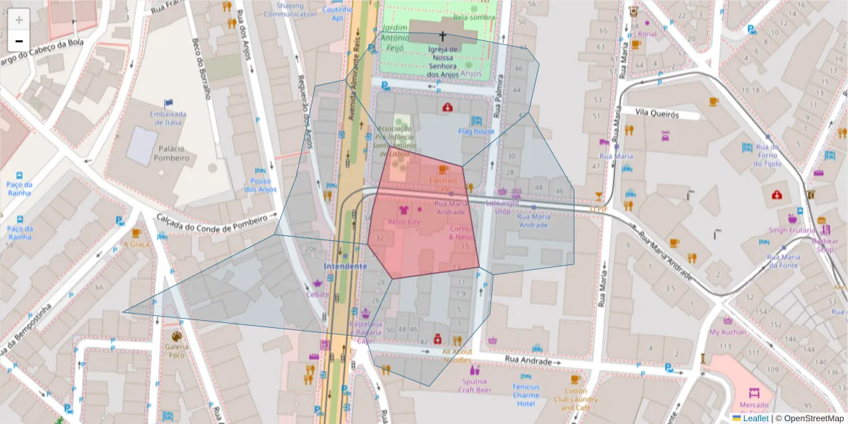 Mapa detalhado do código postal 1170-215 com limites, códigos postais vizinhos e agências dos correios