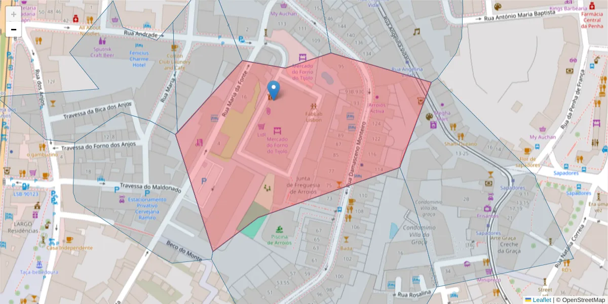 Mapa detalhado do código postal 1170-221 com limites, códigos postais vizinhos e agências dos correios