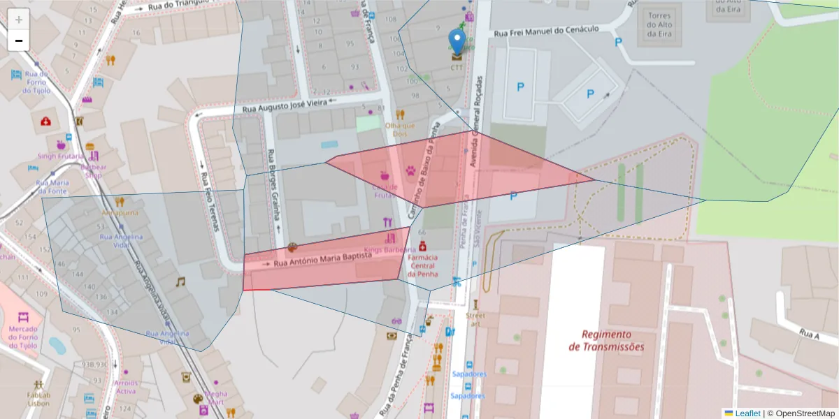 Mapa detalhado do código postal 1170 302 com limites, códigos postais vizinhos e agências dos correios