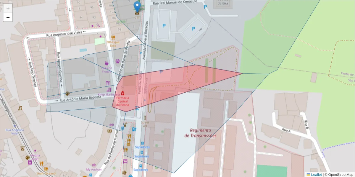 Mapa detalhado do código postal 1170 306 com limites, códigos postais vizinhos e agências dos correios