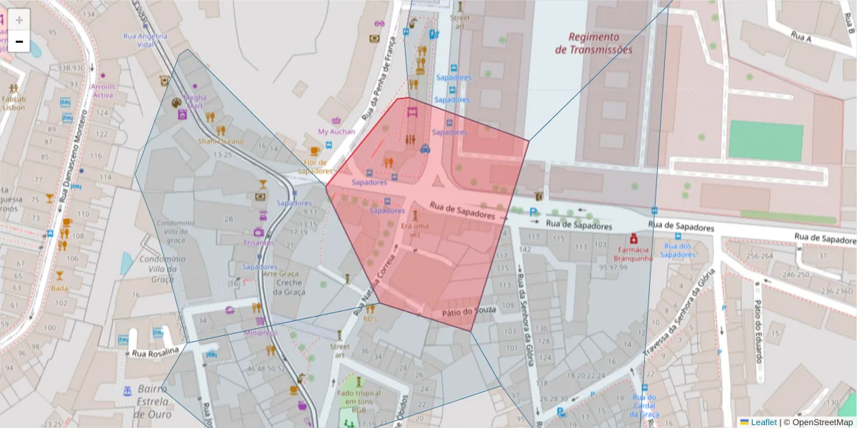 Mapa detalhado do código postal 1170-342 com limites, códigos postais vizinhos e agências dos correios