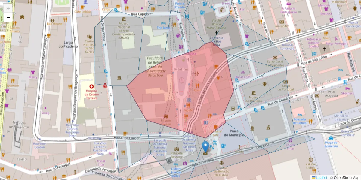 Mapa detalhado do código postal 1200-005 com limites, códigos postais vizinhos e agências dos correios