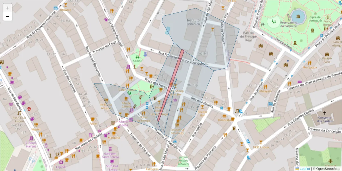 Mapa detalhado do código postal 1200-009 com limites, códigos postais vizinhos e agências dos correios