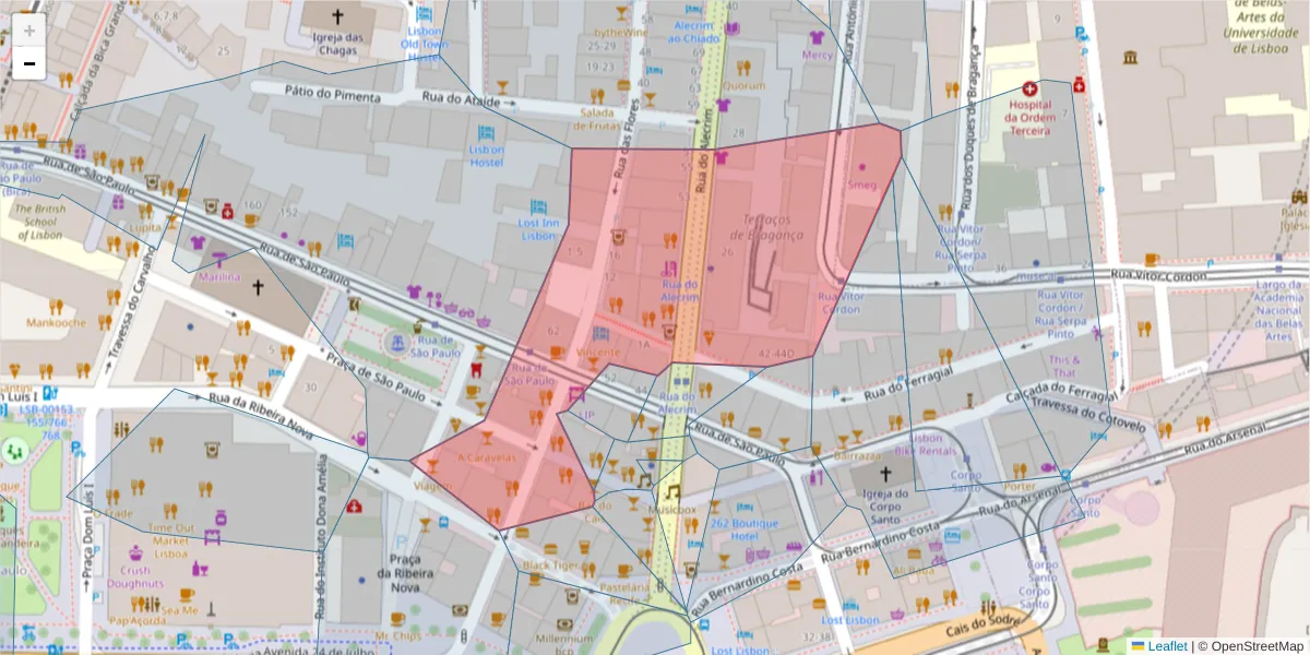 Mapa detalhado do código postal 1200-019 com limites, códigos postais vizinhos e agências dos correios