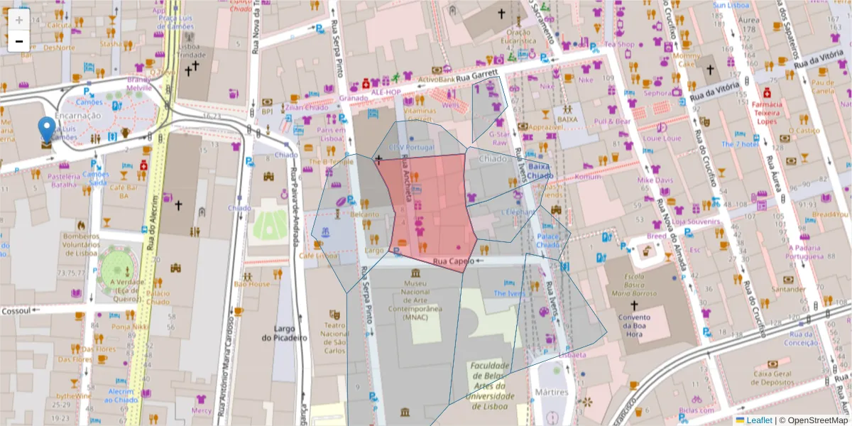 Mapa detalhado do código postal 1200-023 com limites, códigos postais vizinhos e agências dos correios