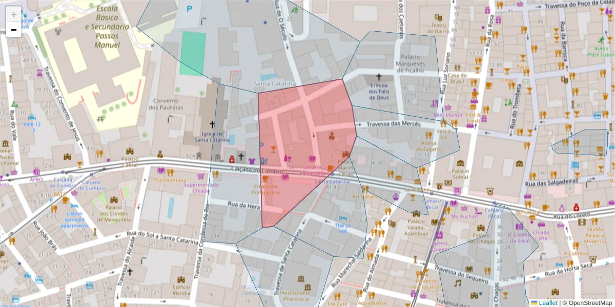 Mapa detalhado do código postal 1200-025 com limites, códigos postais vizinhos e agências dos correios