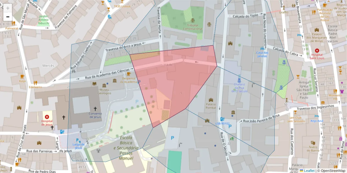 Mapa detalhado do código postal 1200-030 com limites, códigos postais vizinhos e agências dos correios