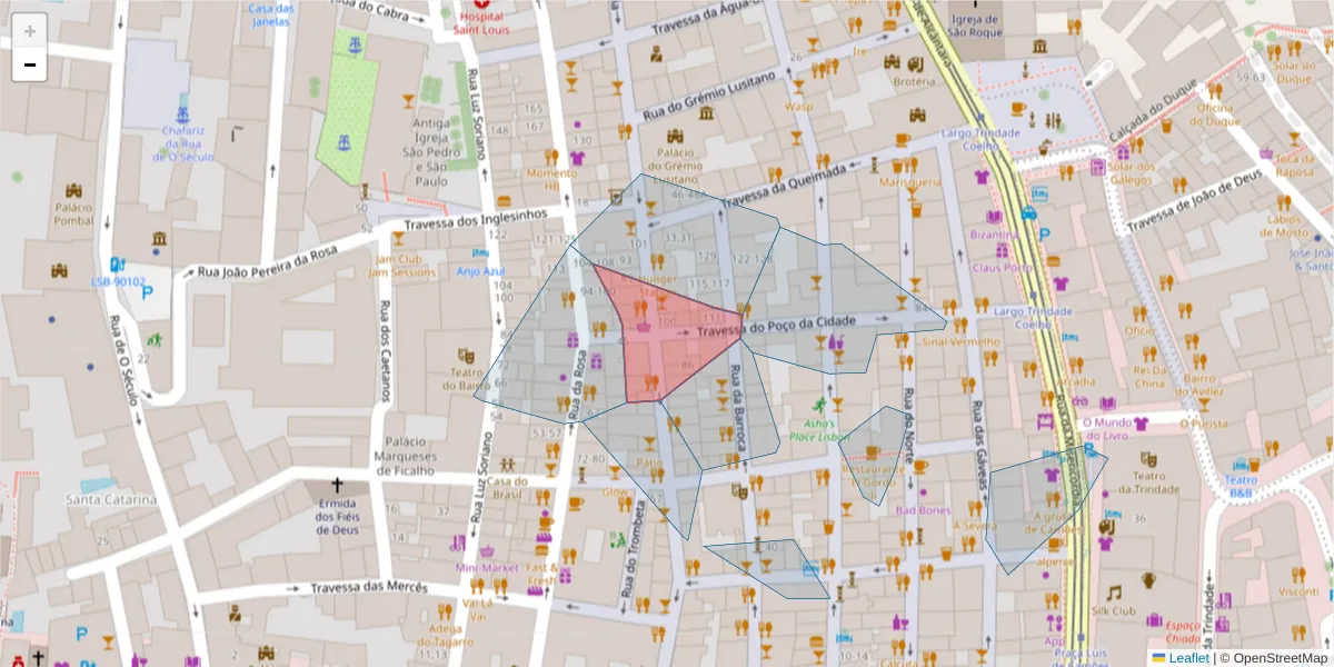 Mapa detalhado do código postal 1200-038 com limites, códigos postais vizinhos e agências dos correios