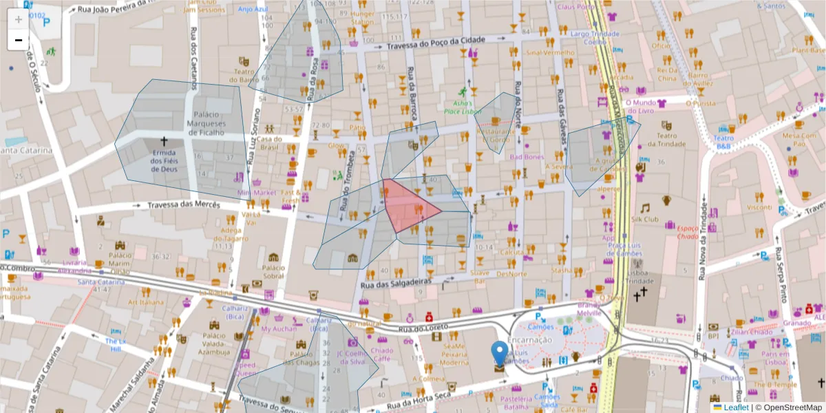 Mapa detalhado do código postal 1200-047 com limites, códigos postais vizinhos e agências dos correios