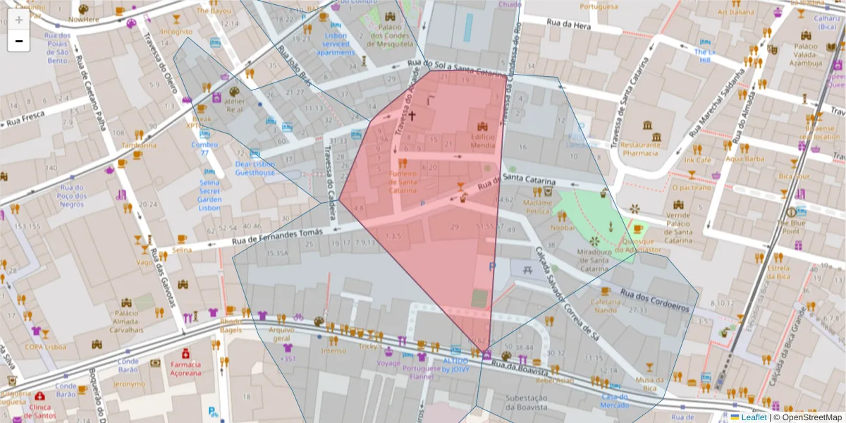 Mapa detalhado do código postal 1200-085 com limites, códigos postais vizinhos e agências dos correios