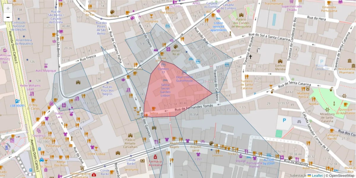 Mapa detalhado do código postal 1200-096 com limites, códigos postais vizinhos e agências dos correios
