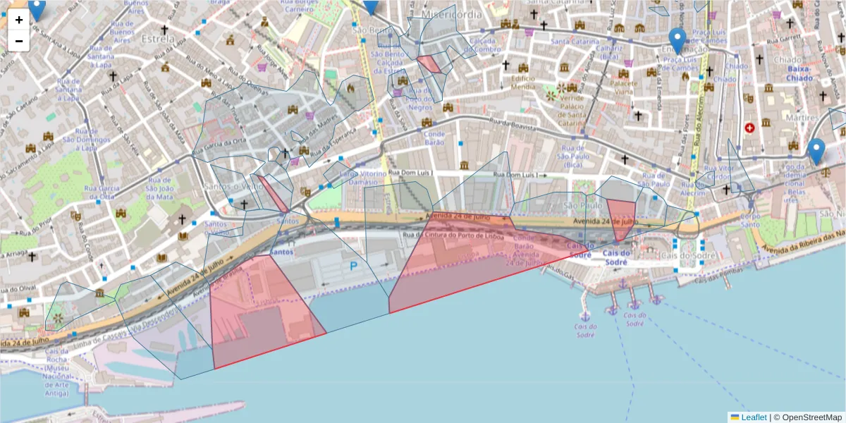 Mapa detalhado do código postal 1200-109 com limites, códigos postais vizinhos e agências dos correios