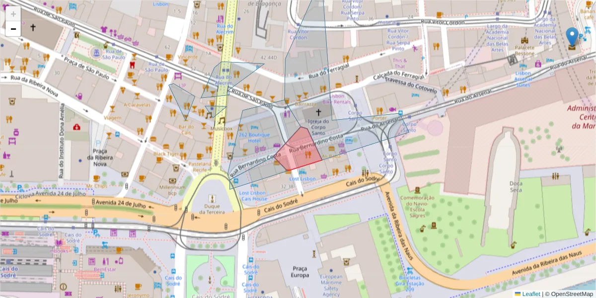 Mapa detalhado do código postal 1200-131 com limites, códigos postais vizinhos e agências dos correios