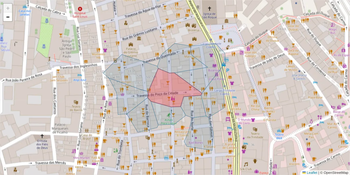 Mapa detalhado do código postal 1200-142 com limites, códigos postais vizinhos e agências dos correios