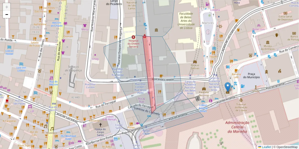 Mapa detalhado do código postal 1200-183 com limites, códigos postais vizinhos e agências dos correios