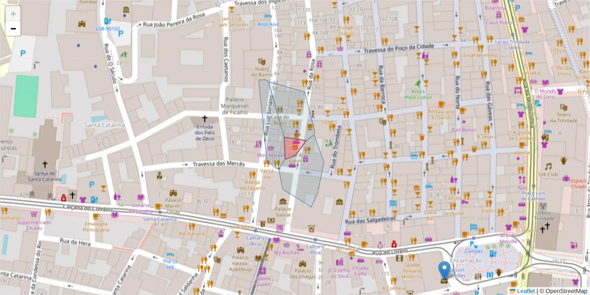 Mapa detalhado do código postal 1200-190 com limites, códigos postais vizinhos e agências dos correios