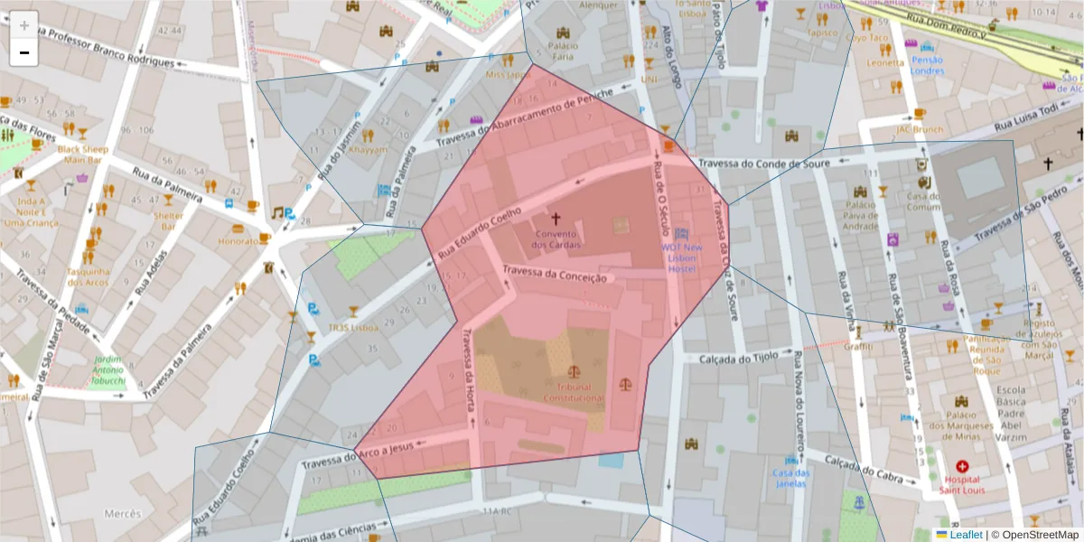 Mapa detalhado do código postal 1200-220 com limites, códigos postais vizinhos e agências dos correios