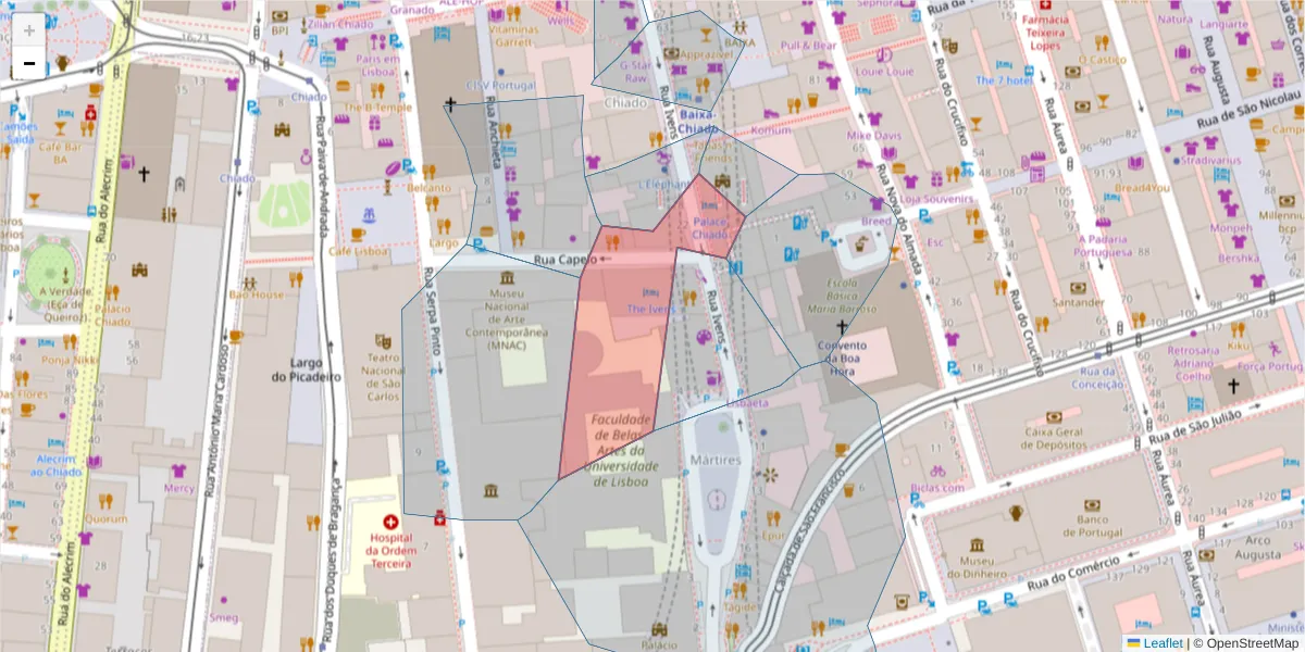 Mapa detalhado do código postal 1200-224 com limites, códigos postais vizinhos e agências dos correios